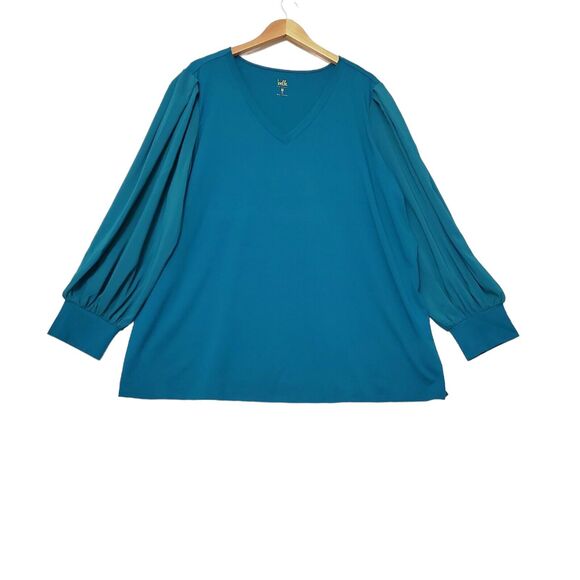 Susan Graver Liquid Knit Long Balloon Sleeve Tunic Top Plus Size 3X Blue V Neck - Picture 1 of 8